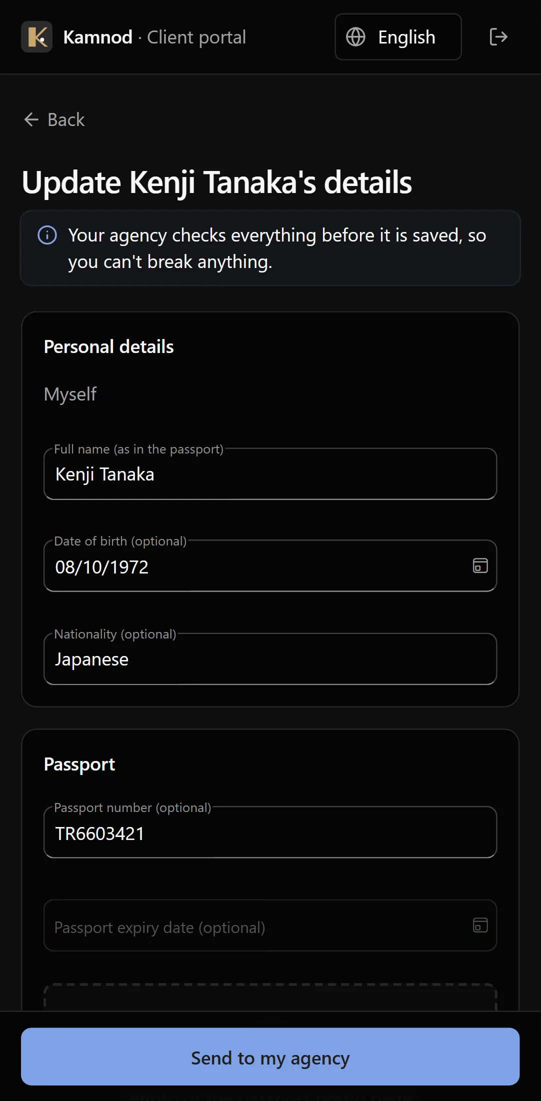 A client updating their details and adding a passport photo on a phone