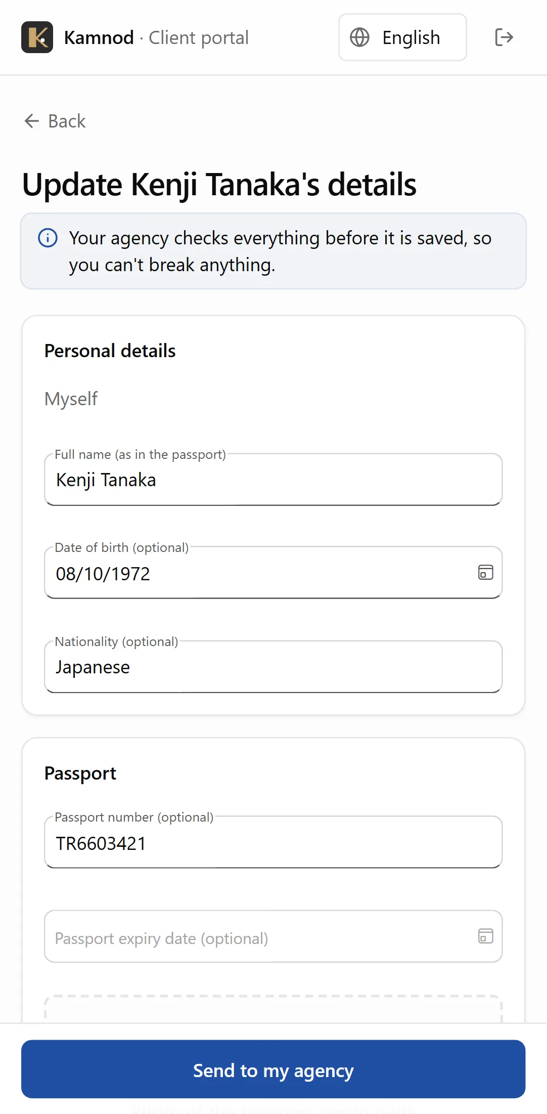 A client updating their details and adding a passport photo on a phone