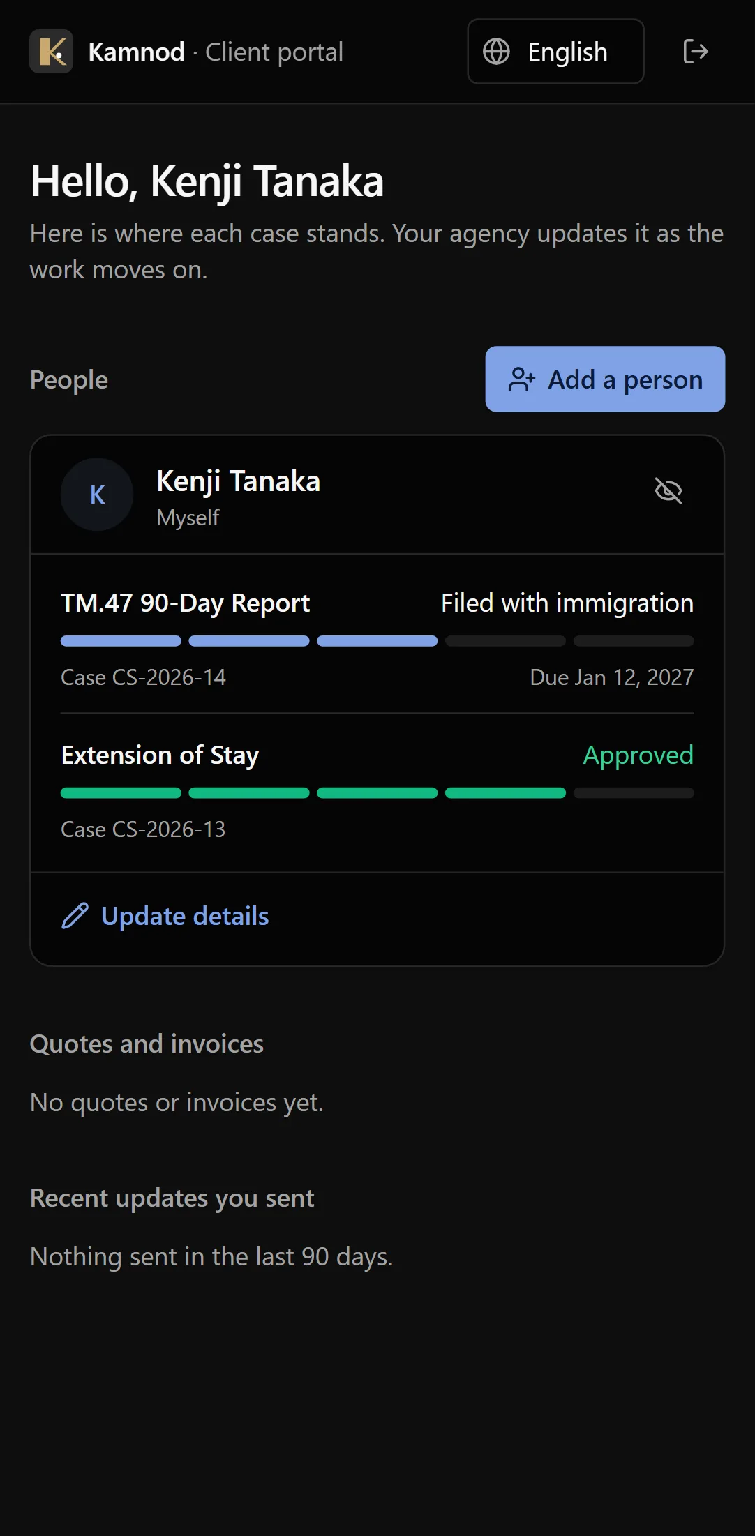 The portal home on a phone: each person's cases with progress and due dates